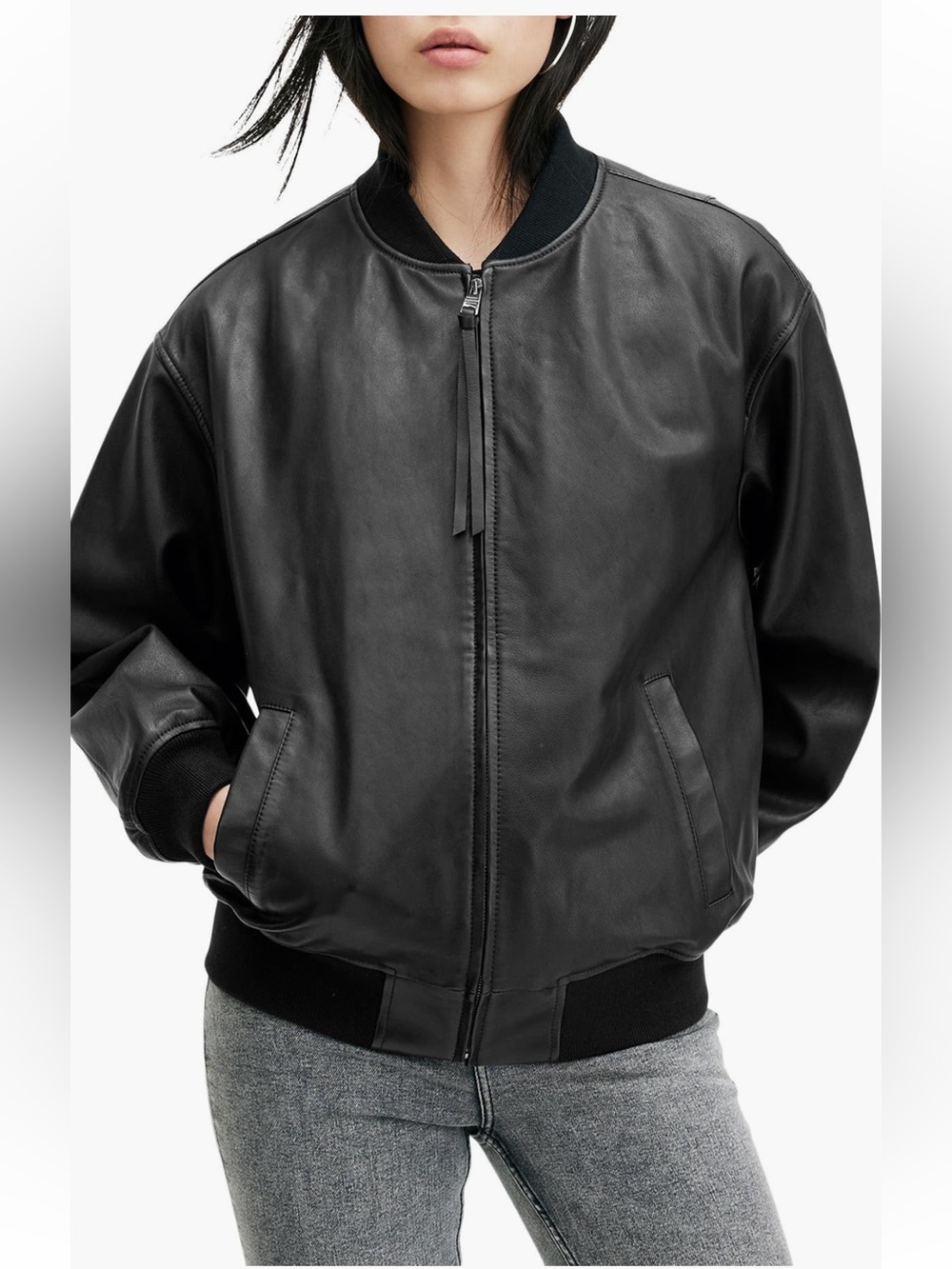 ALL Saints Belle Leather Bomber Jacket Black Sz XS